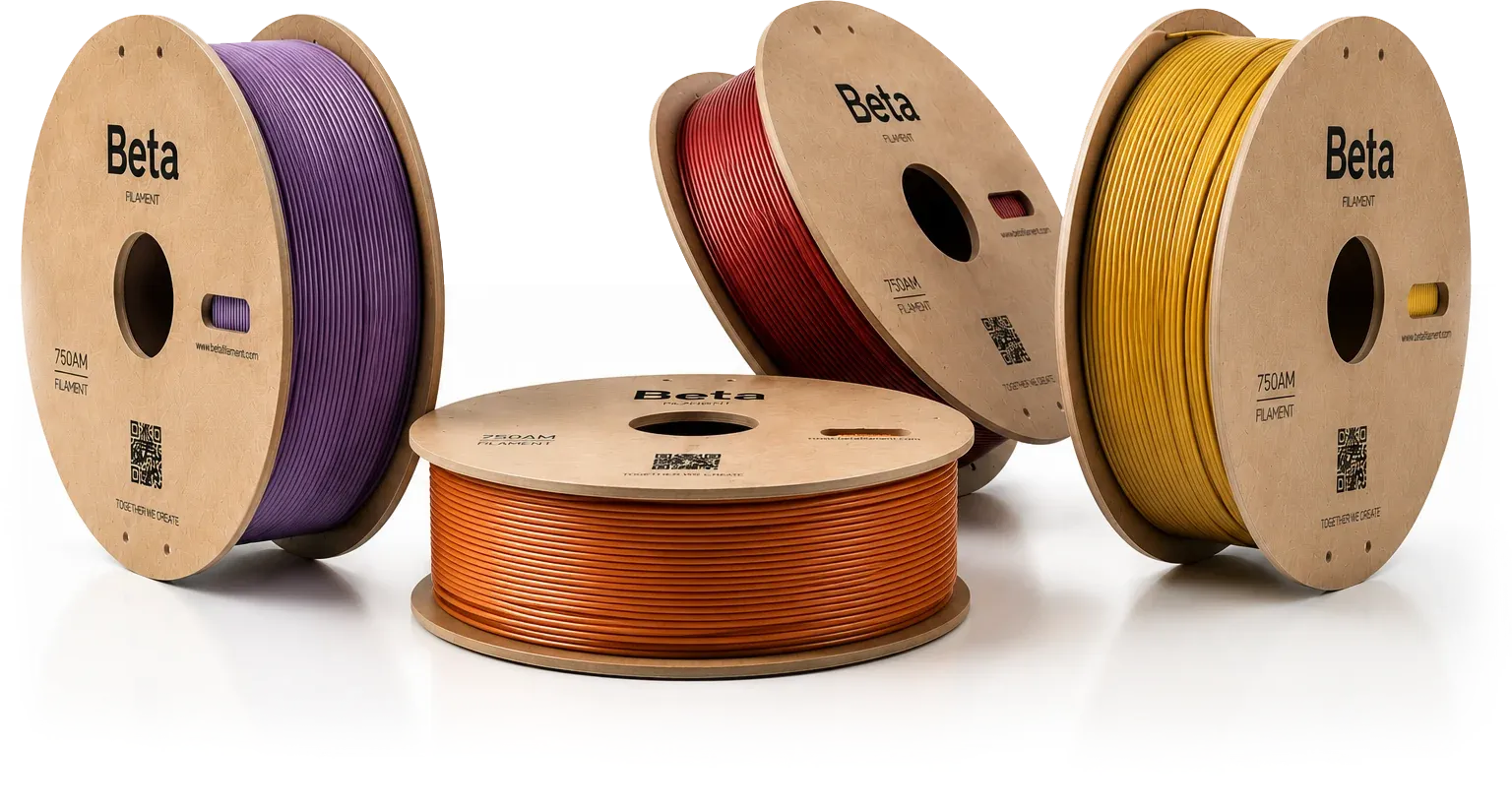 Mor, kırmızı, turuncu ve sarı Beta Filament makaraları